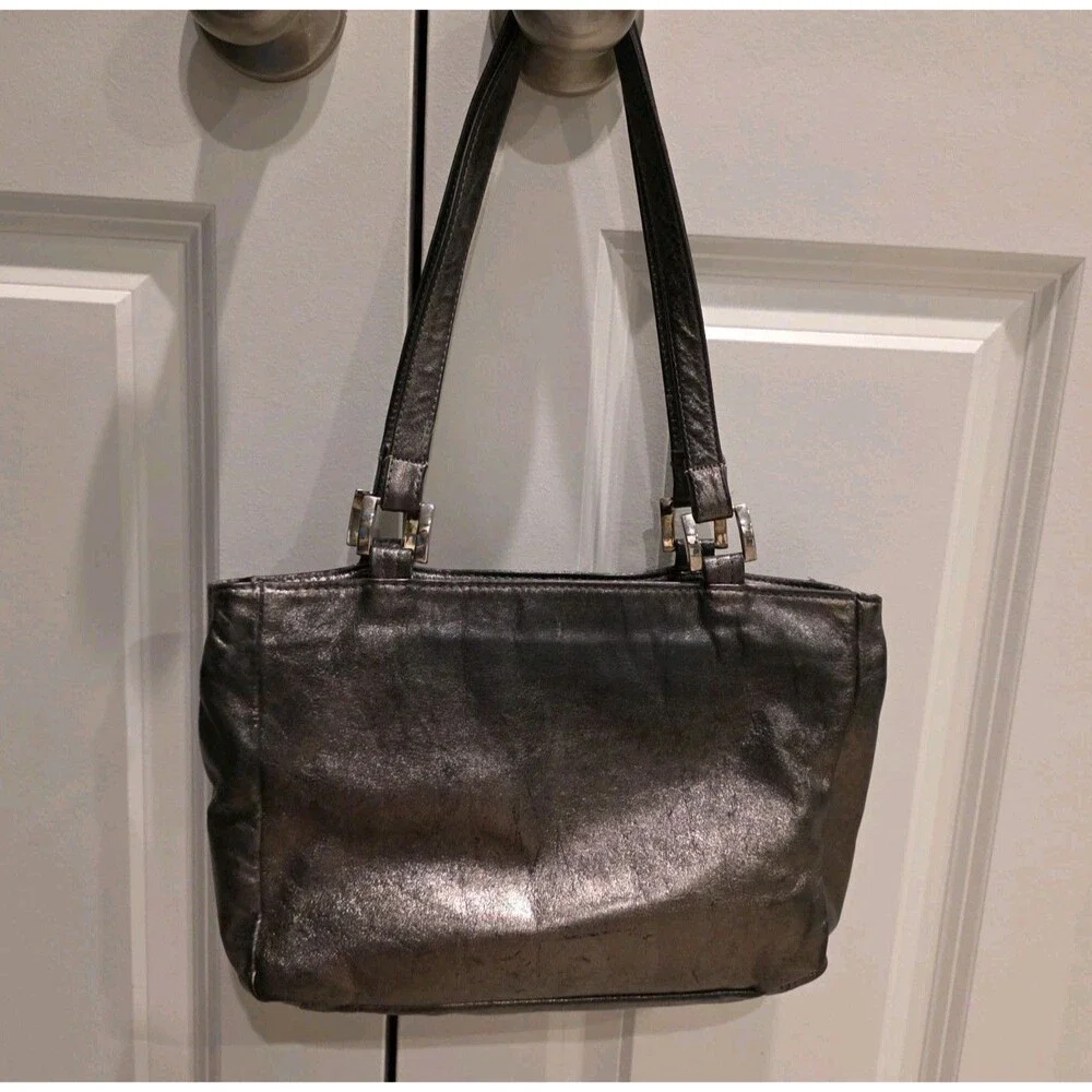 Vintage SHS Metallic Black Textured Leather Multi-Zip Shoulder Bag